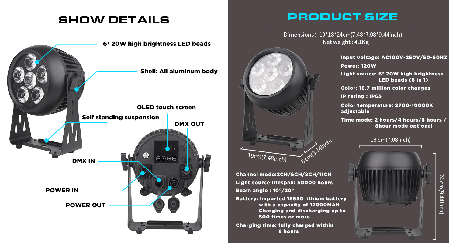 IP65 6*20W Uplights Battery Wireless Wedding Party Dj Par Light
