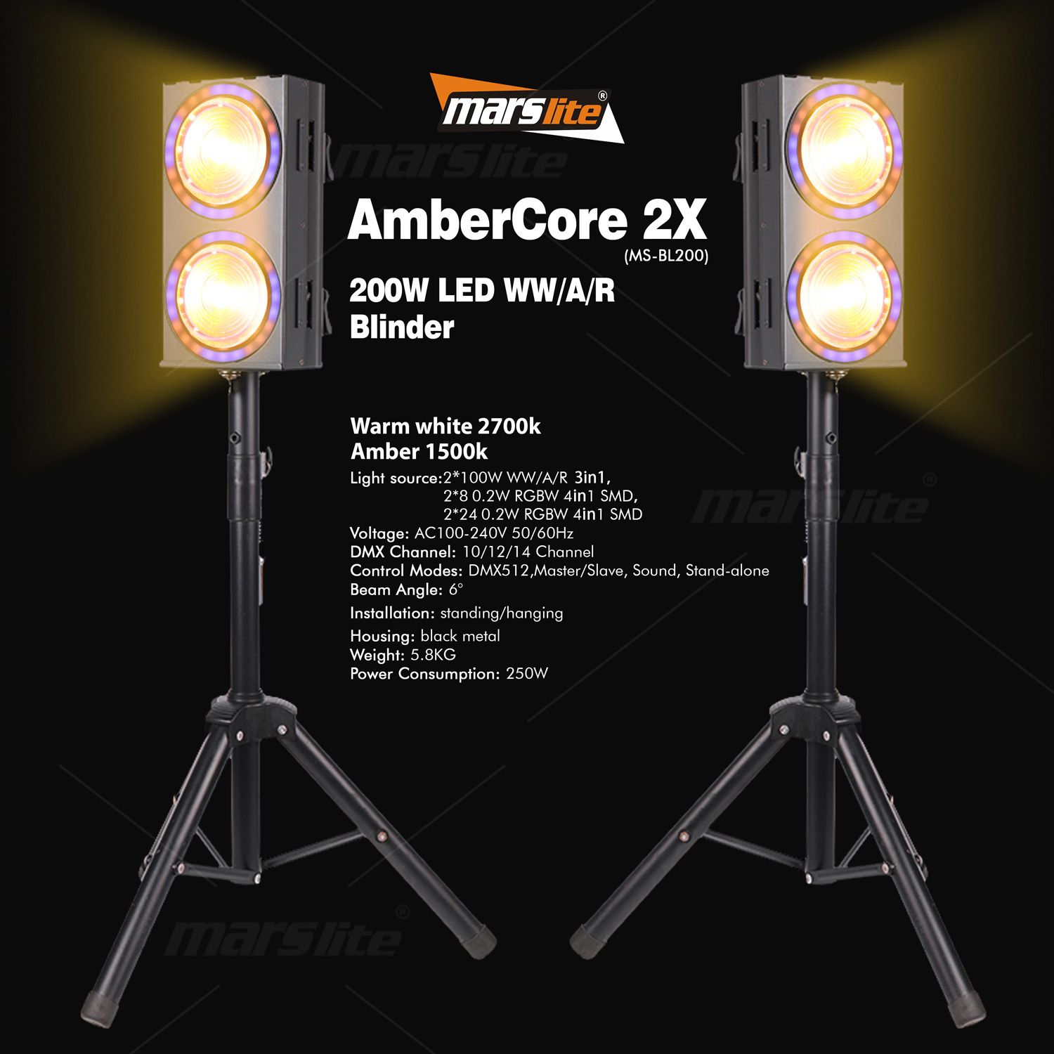 2x100W Amber+Warm White+RGB Blinder Lights+Ring Effect Led Strobe Light